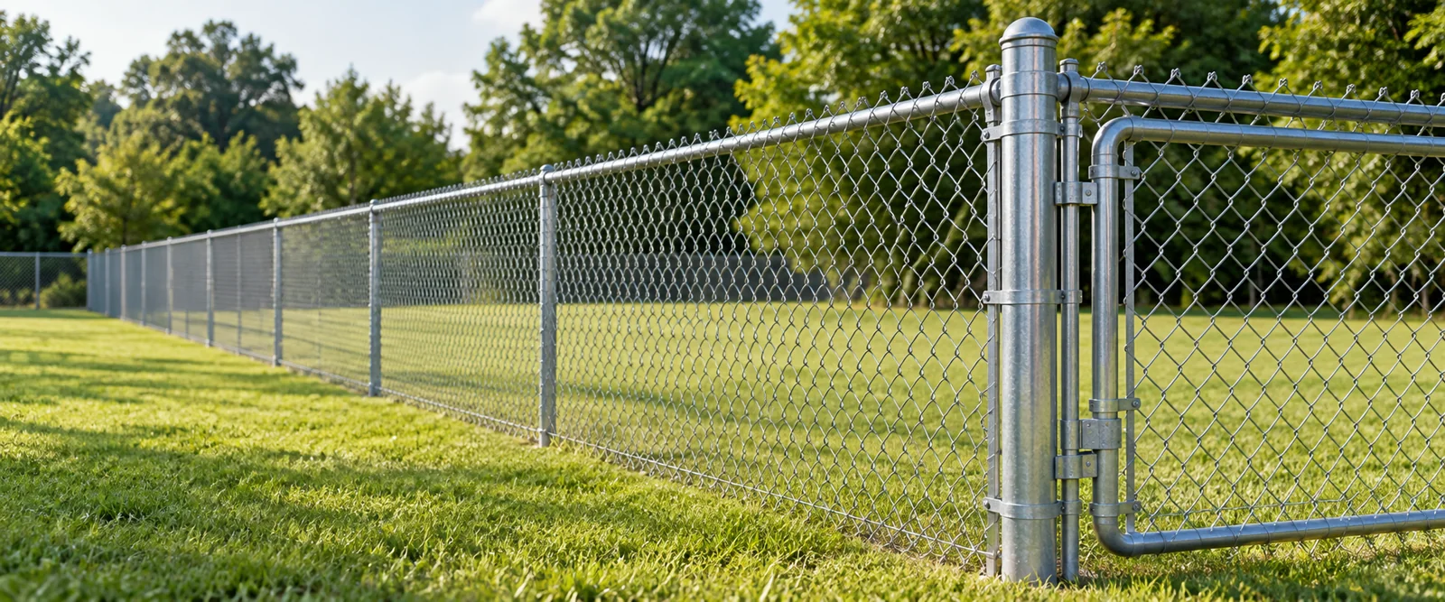 Galvanized chain-link boundary with steel posts beside a green level site