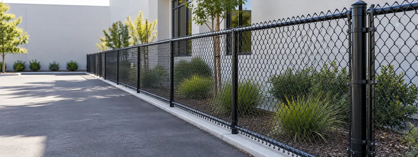 Black coated chain-link fence and gate with steel framework