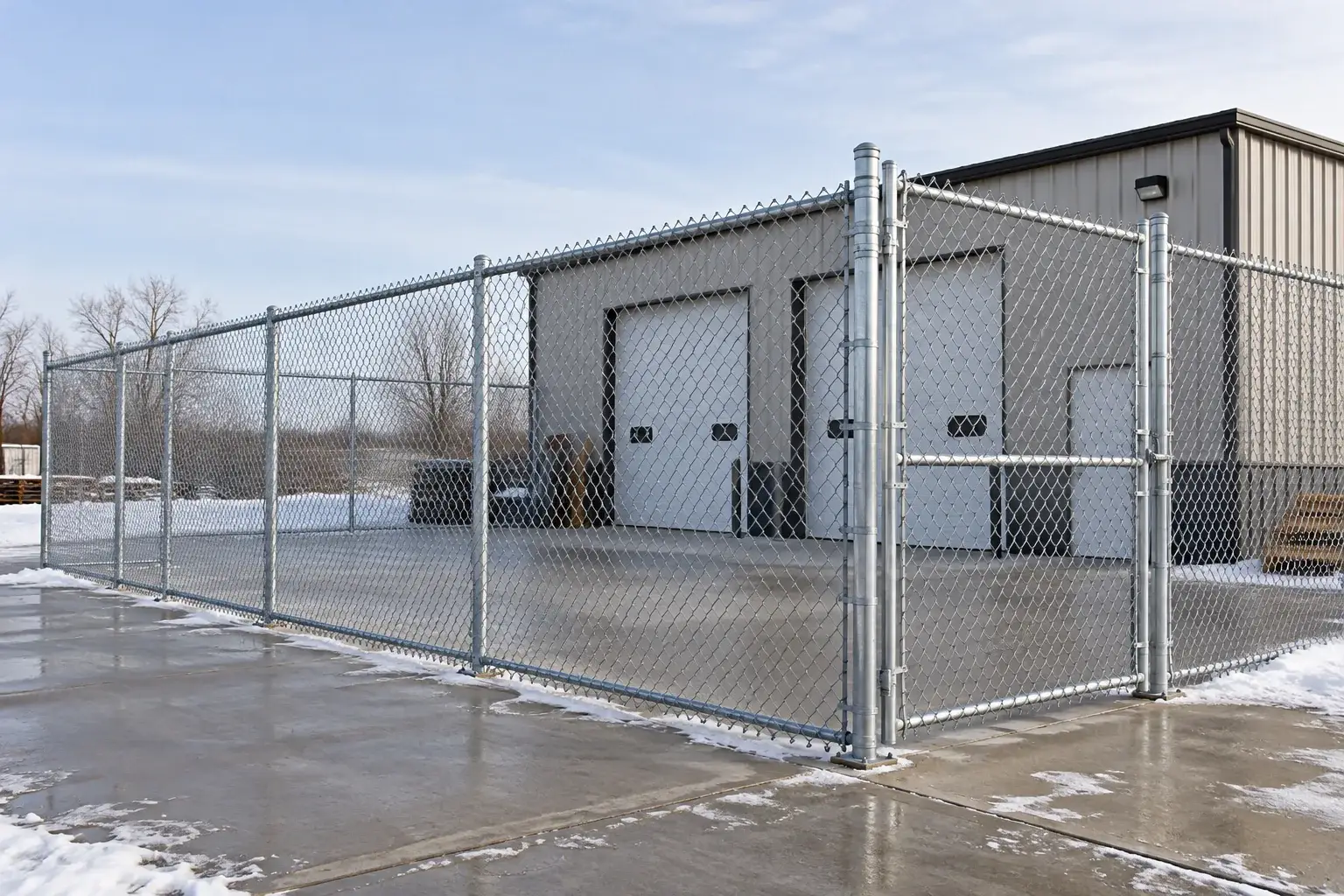 Galvanized chain-link fence and steel framework at a level receiving or boundary site
