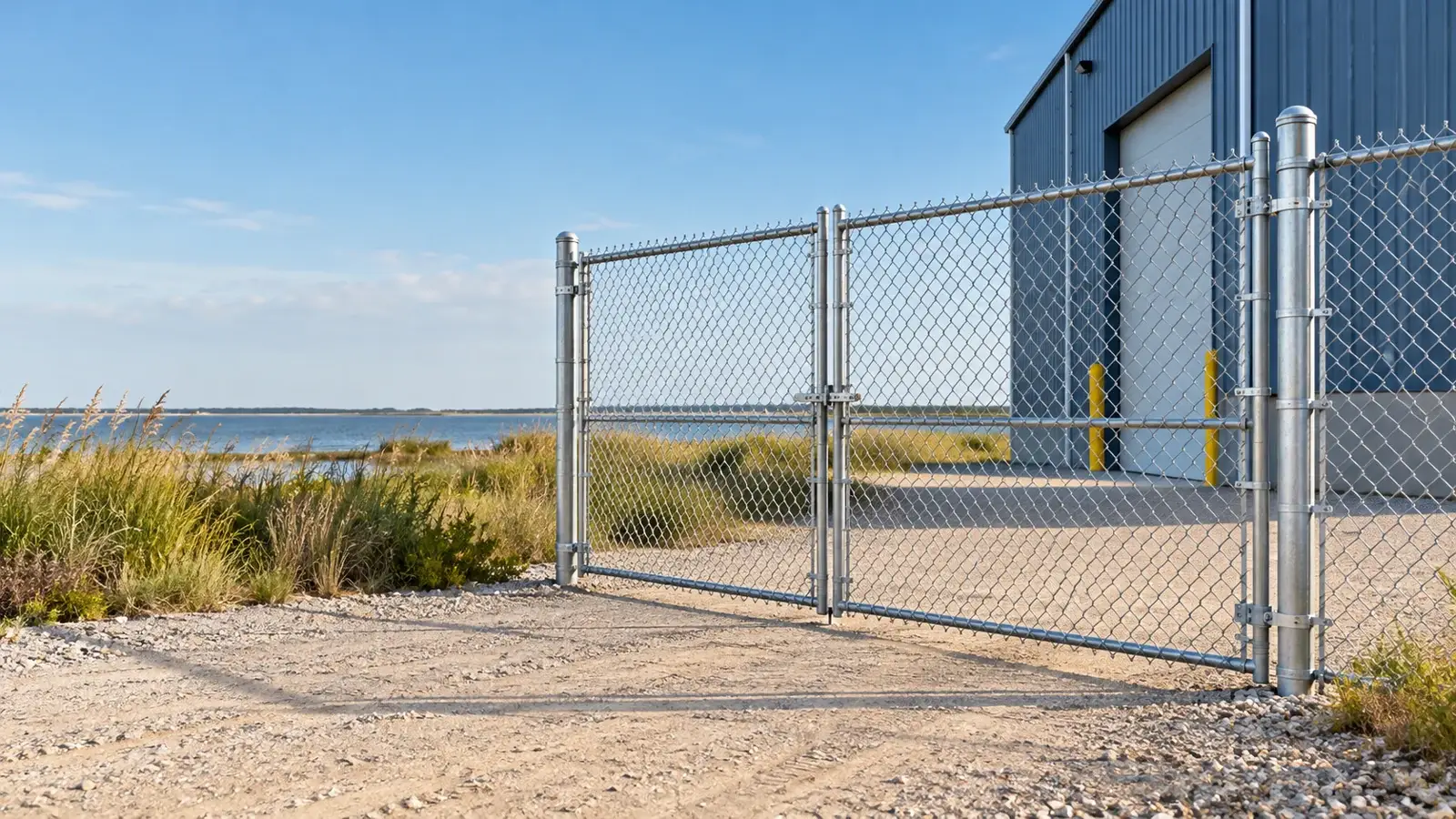 Galvanized chain-link fence and steel framework at a level receiving or boundary site