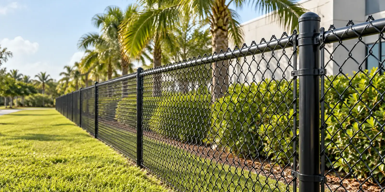 Black coated chain-link fence and gate with steel framework
