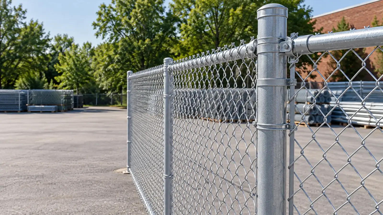 Galvanized chain-link fence and gate beside a level commercial yard