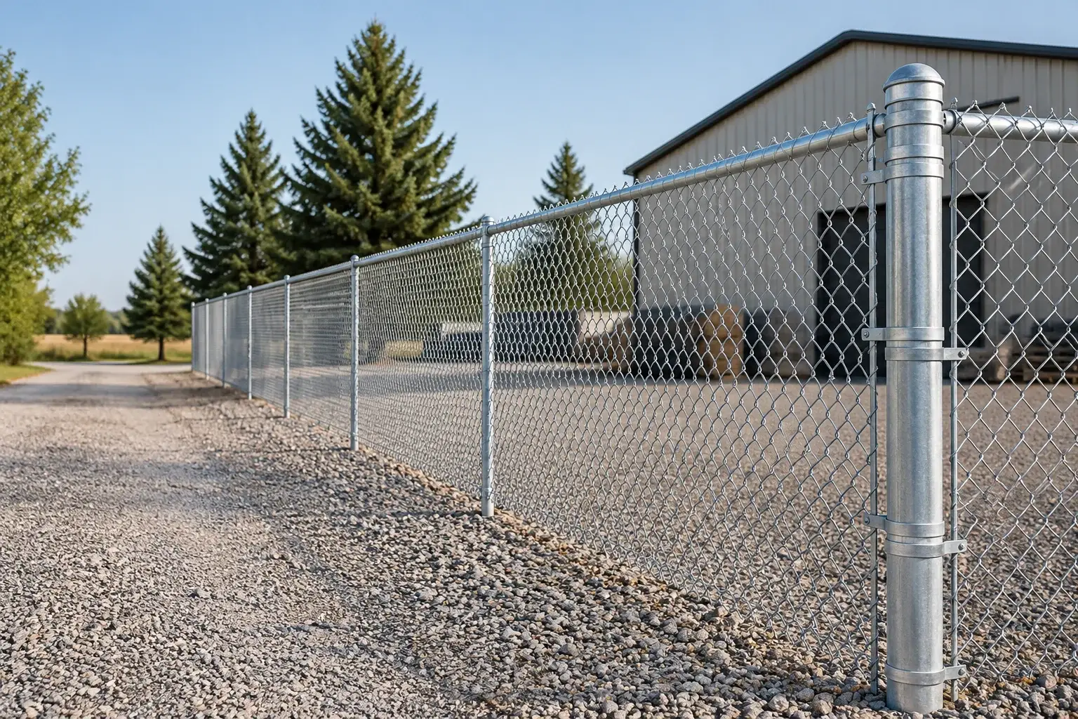 Galvanized chain-link fence and steel framework at a level receiving or boundary site