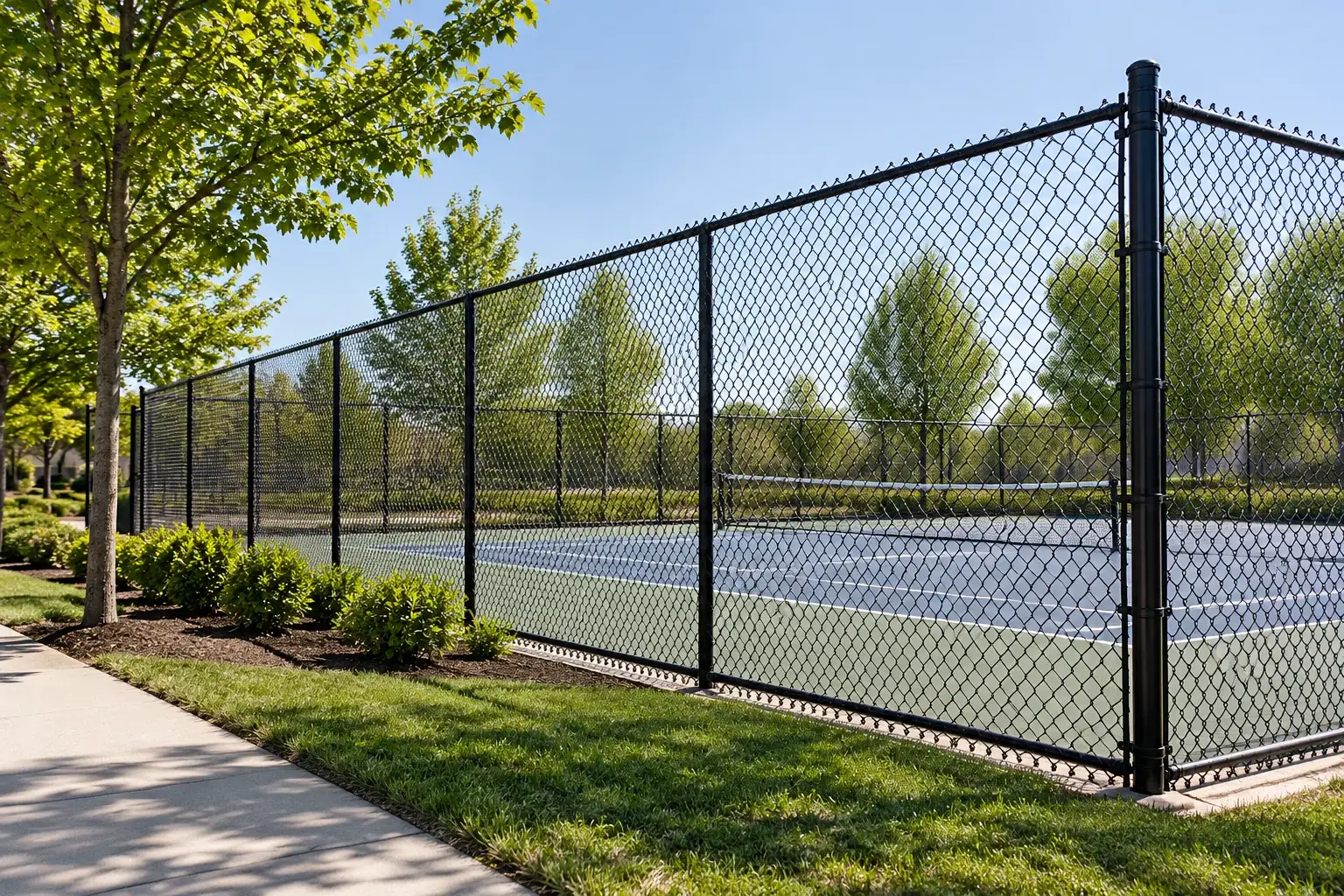 Black coated chain-link fence and gate with steel framework