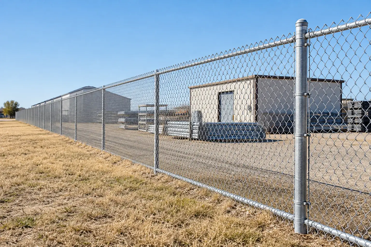 Galvanized chain-link fence and steel framework at a level receiving or boundary site