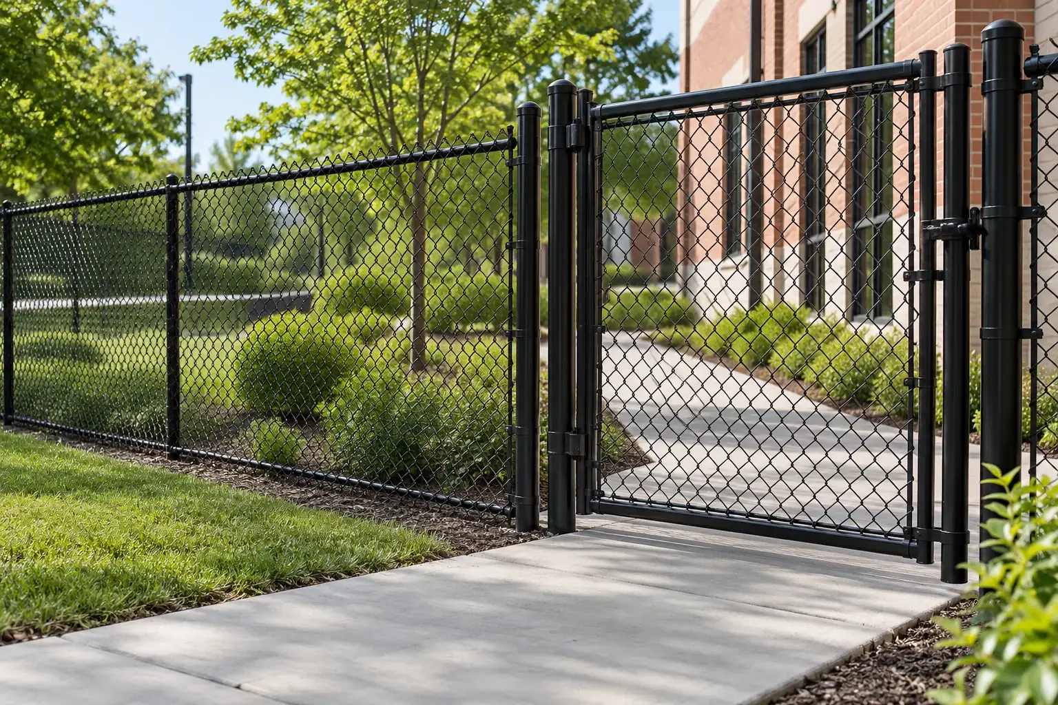 Black coated chain-link fence and gate with steel framework
