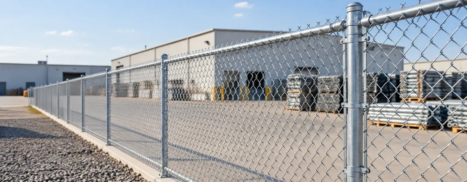 Galvanized chain-link fence and steel framework beside a level warehouse receiving yard