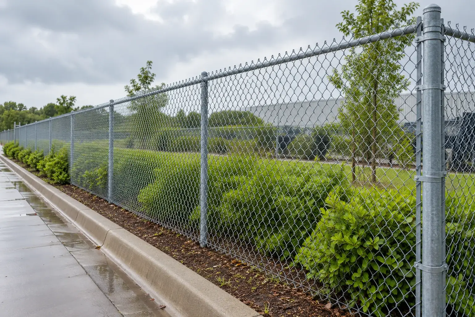 Galvanized chain-link fence and steel framework at a level receiving or boundary site