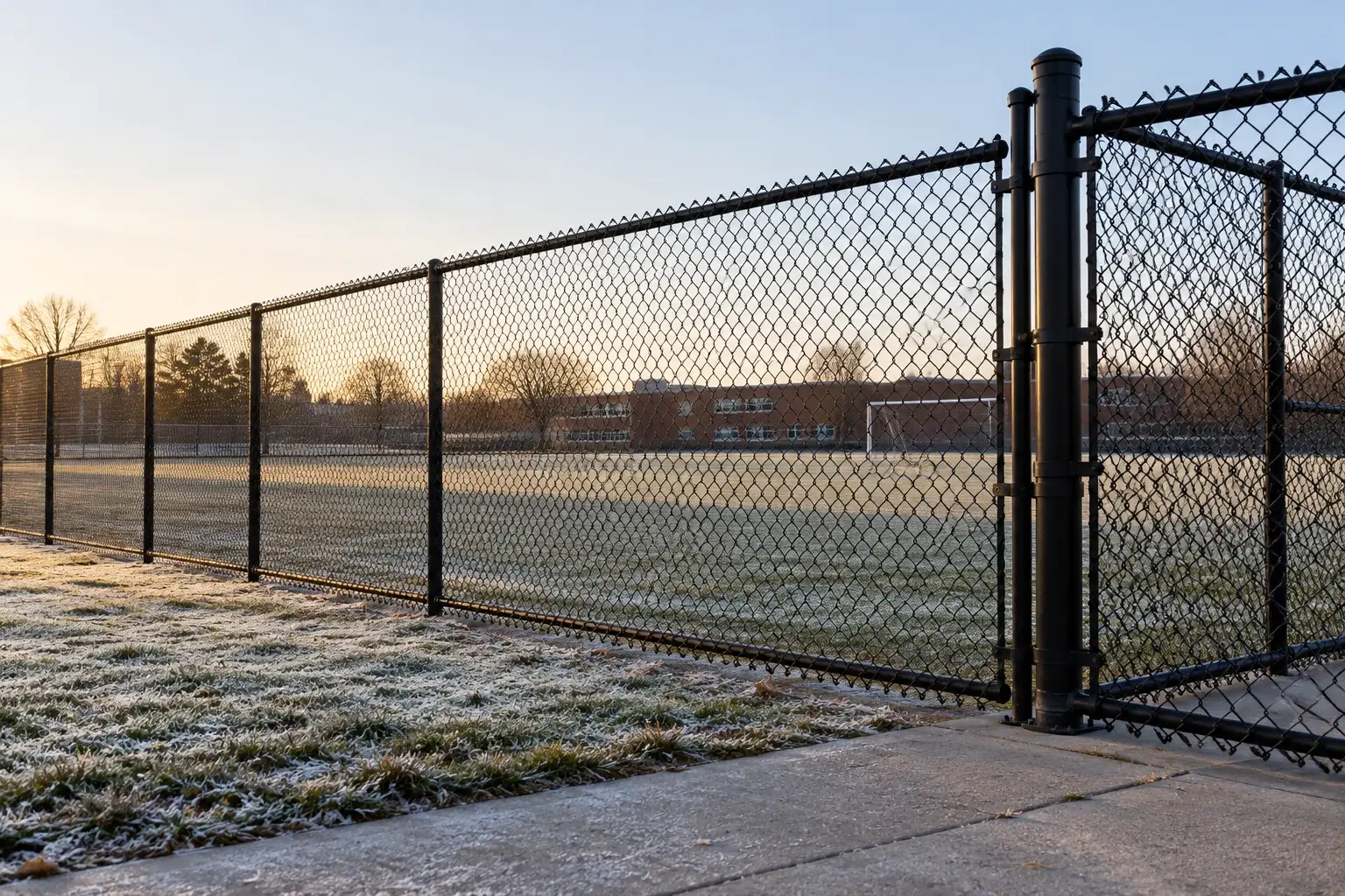 Black coated chain-link fence and gate with steel framework