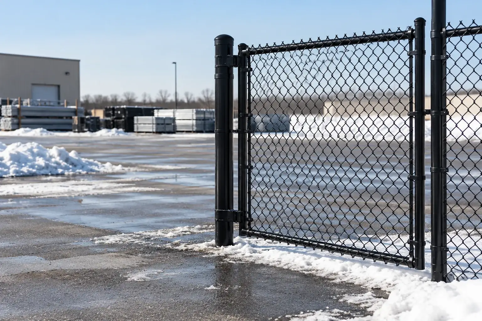 Black coated chain-link fence and gate with steel framework