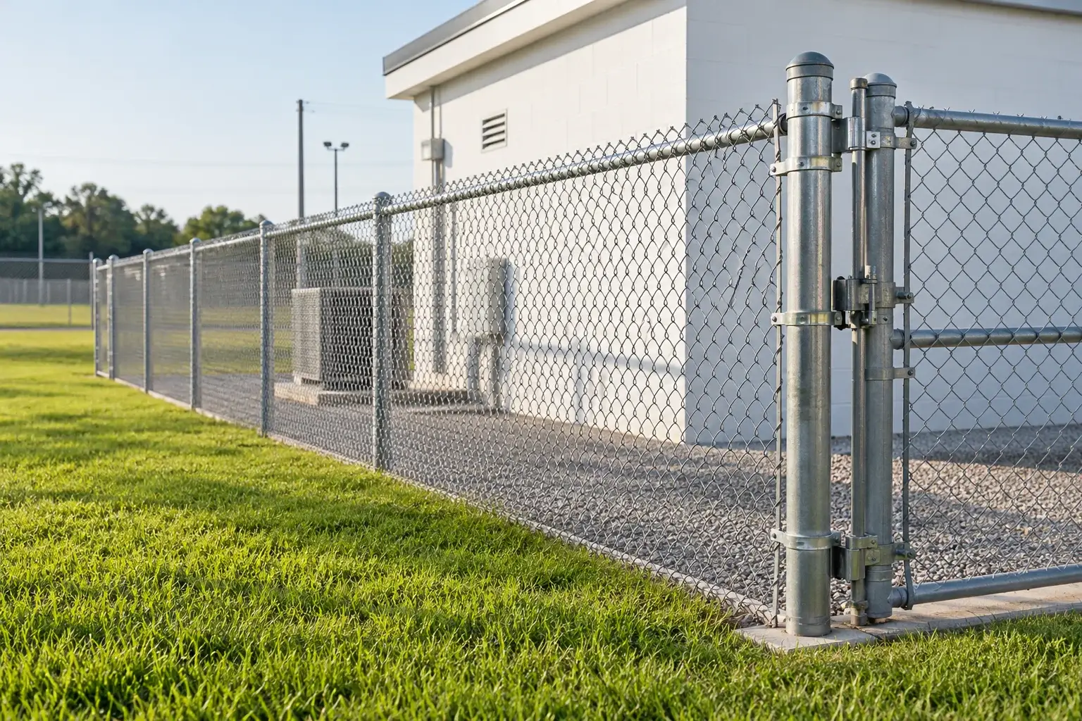 Galvanized chain-link fence and steel framework at a level receiving or boundary site