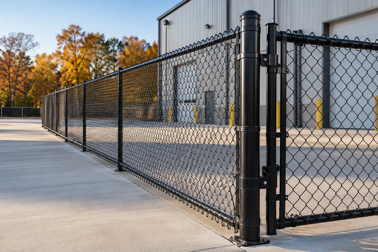 Black coated chain-link fence and gate with steel framework