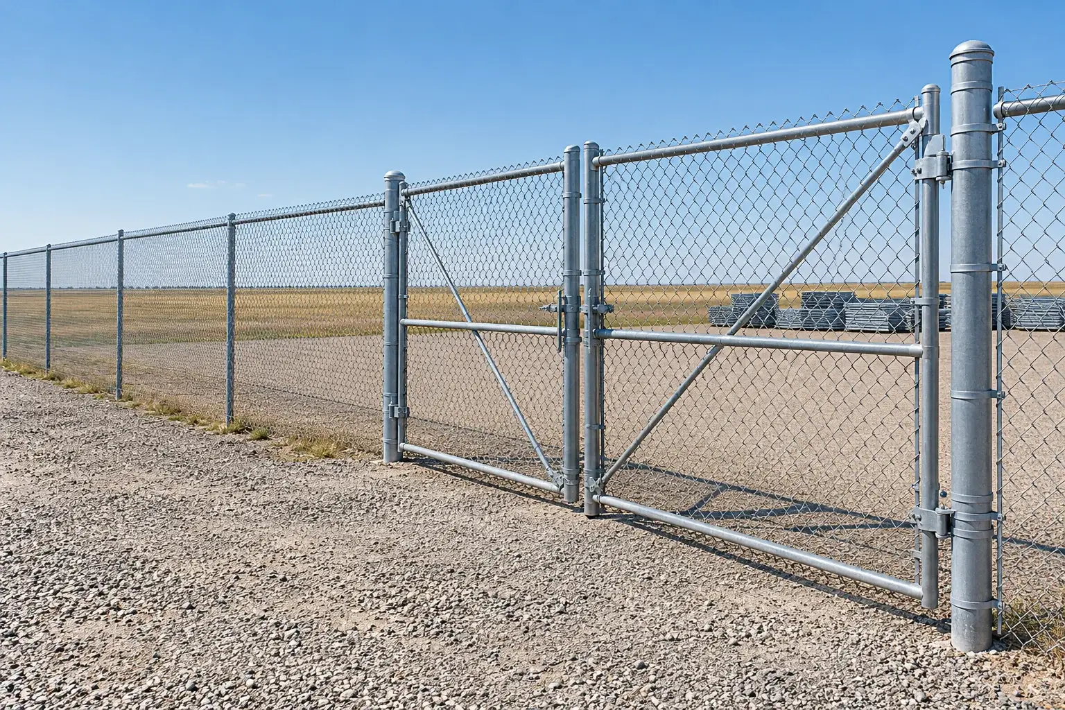 Galvanized chain-link fence and steel framework at a level receiving or boundary site