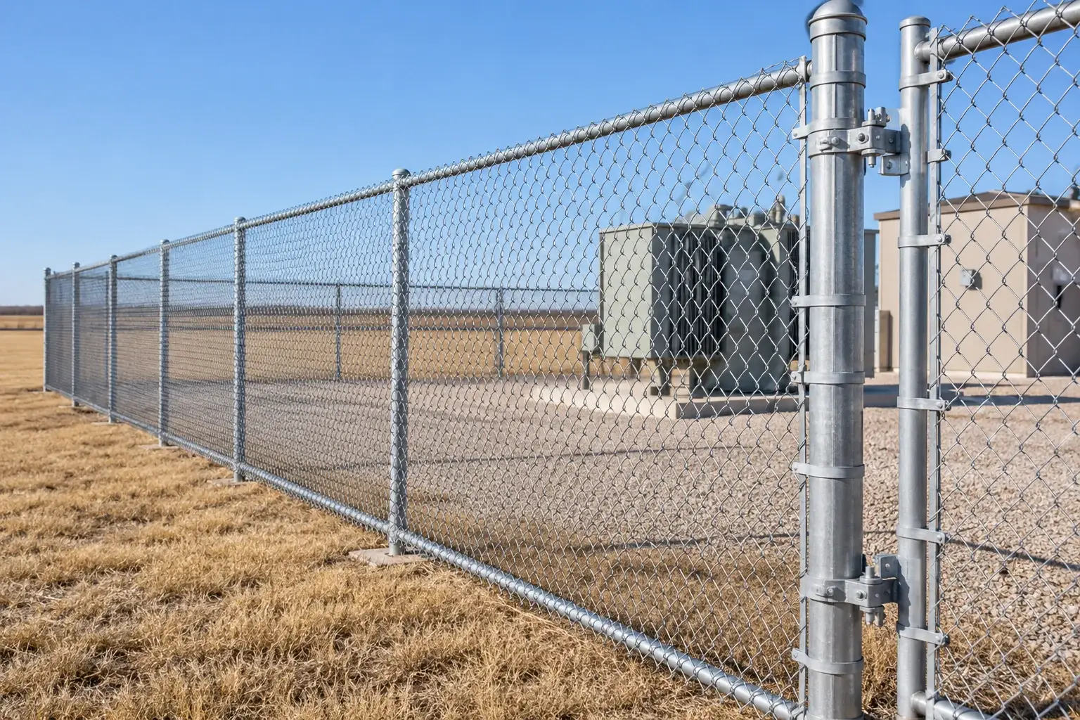 Galvanized chain-link fence and steel framework at a level receiving or boundary site