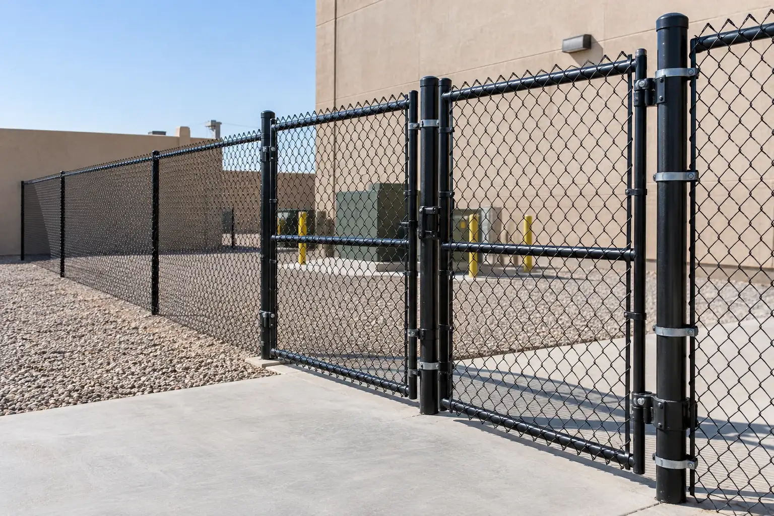 Black coated chain-link fence and gate with steel framework