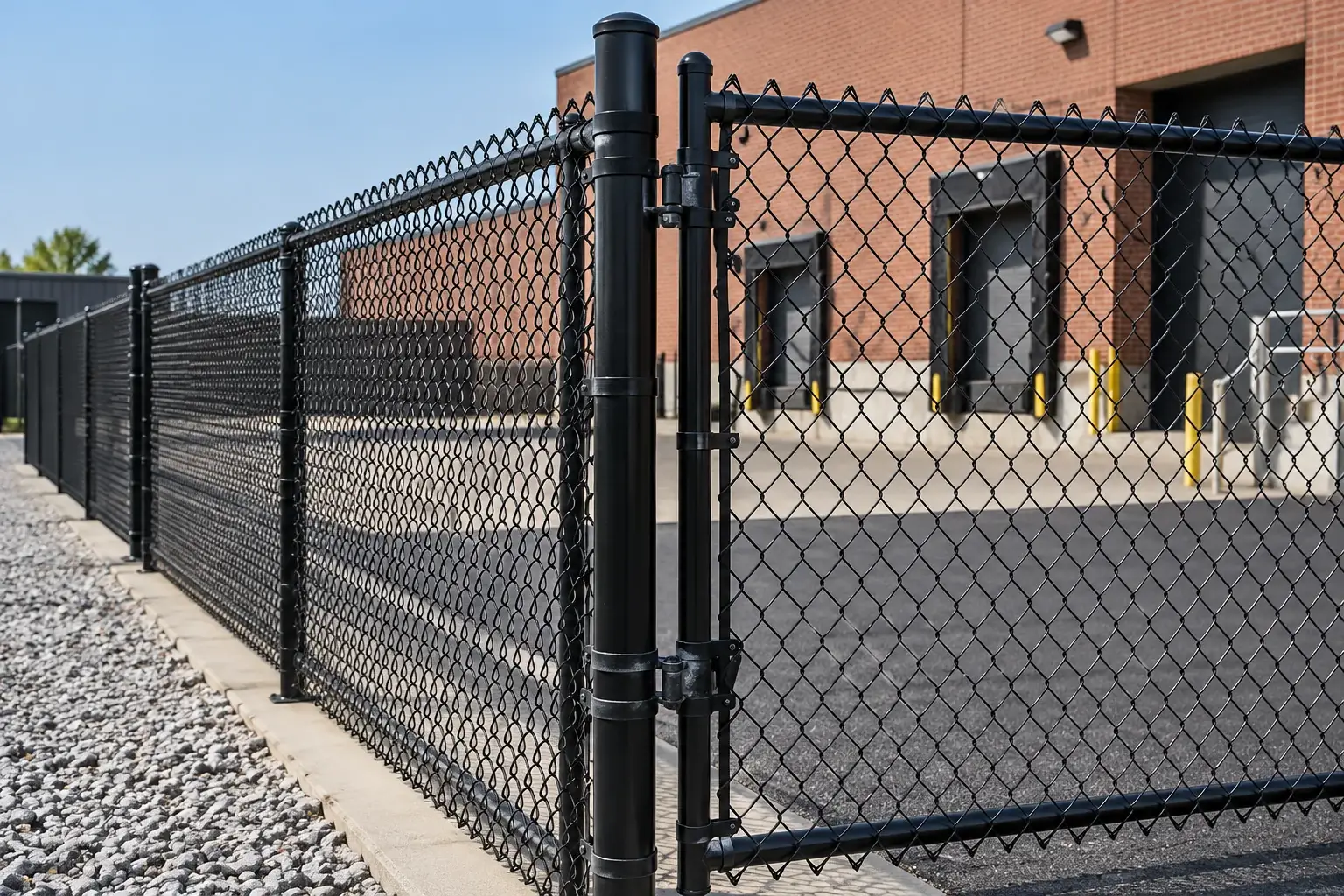 Black coated chain-link fence and gate with steel framework