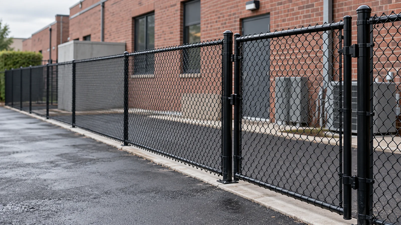 Black chain-link fence beside a narrow brick-building service yard