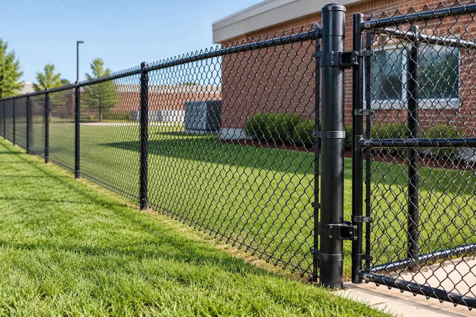 Black coated chain-link fence and gate with steel framework