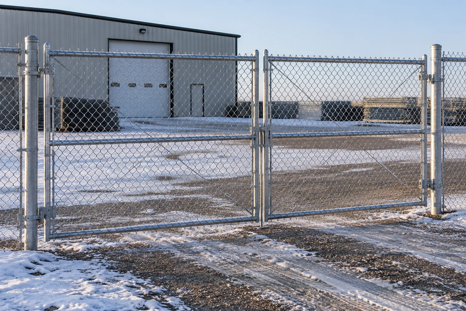 Galvanized chain-link fence and steel framework at a level receiving or boundary site