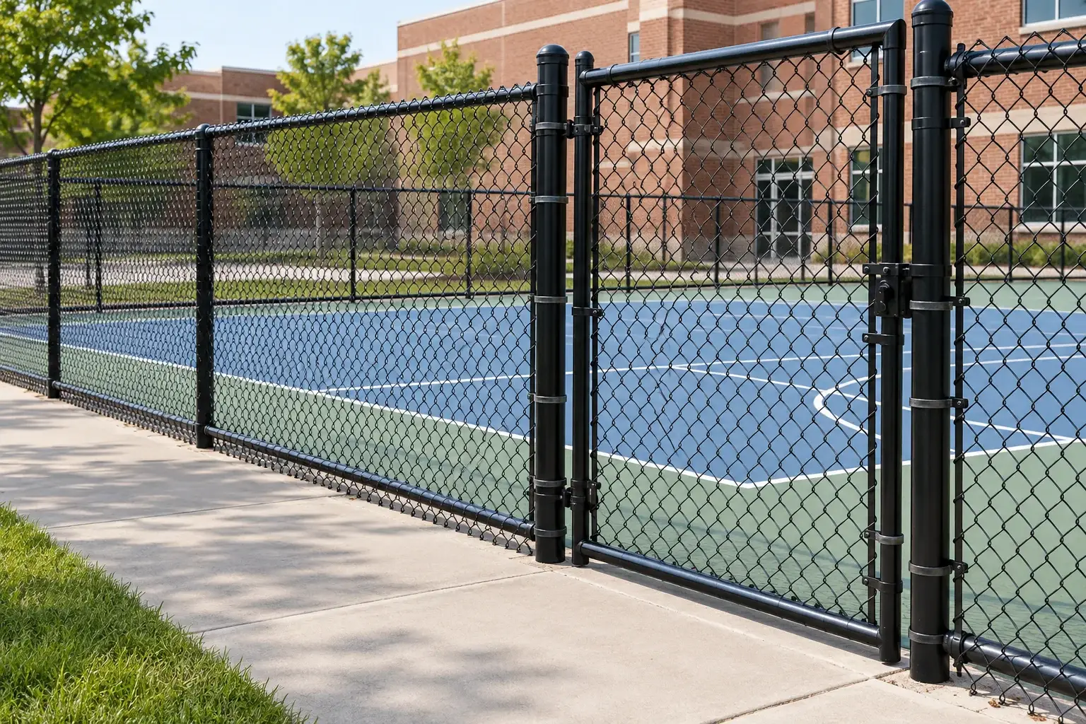 Black coated chain-link fence and gate with steel framework