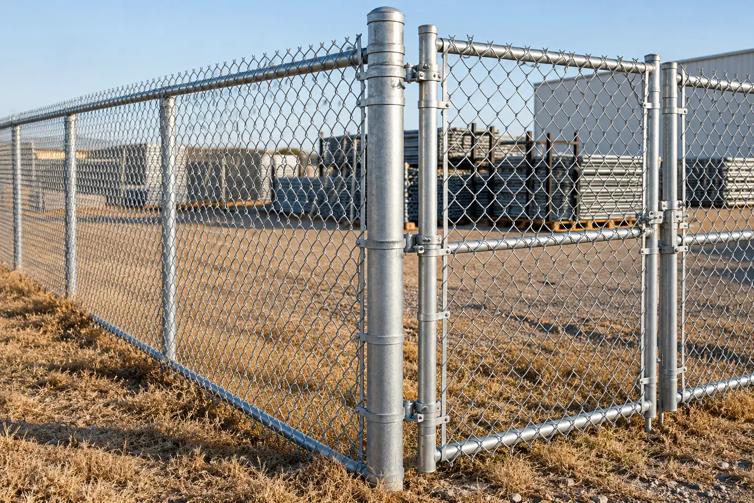 Galvanized chain-link fence and steel framework at a level receiving or boundary site