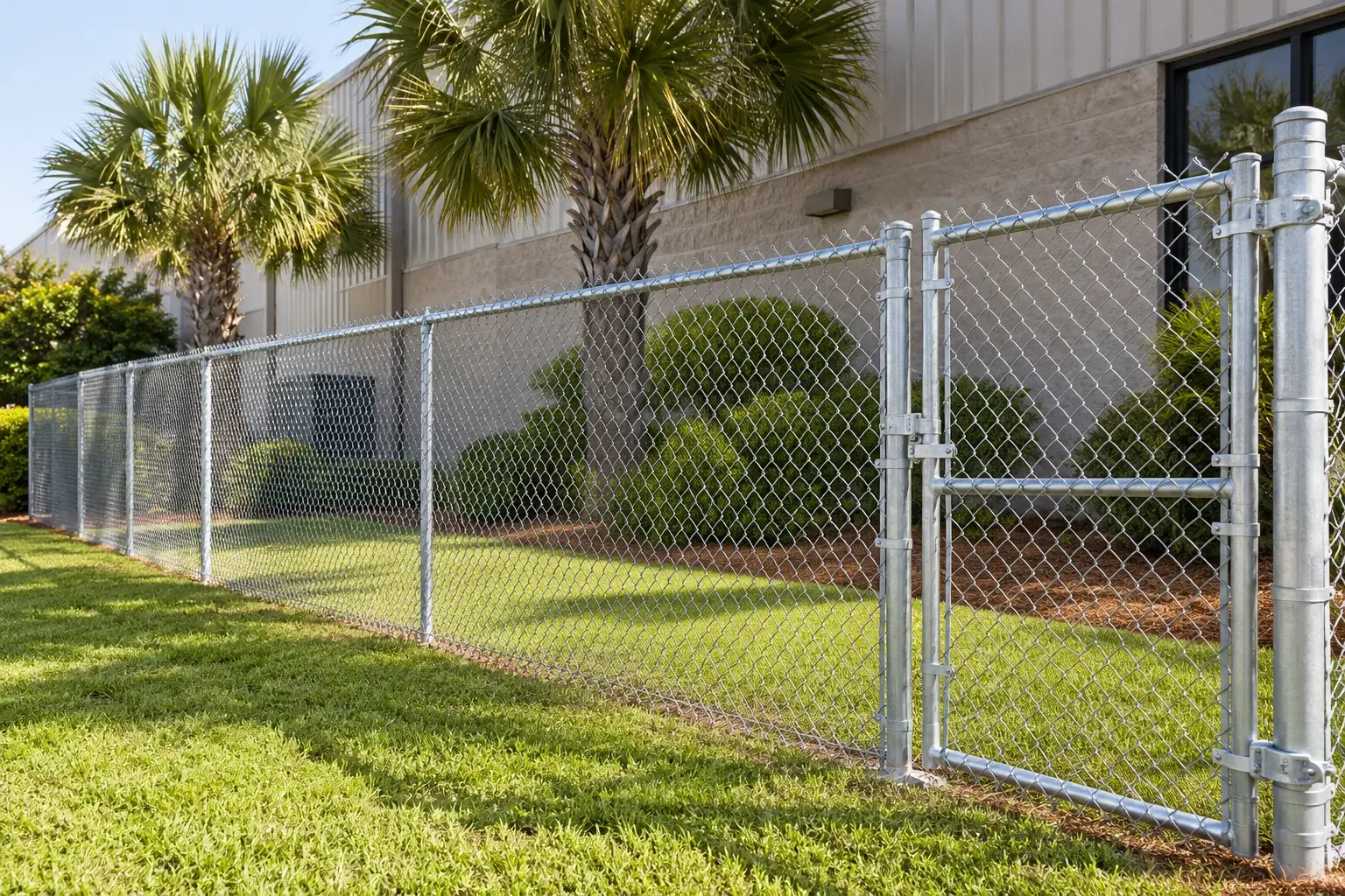 Galvanized chain-link fence and steel framework at a level receiving or boundary site