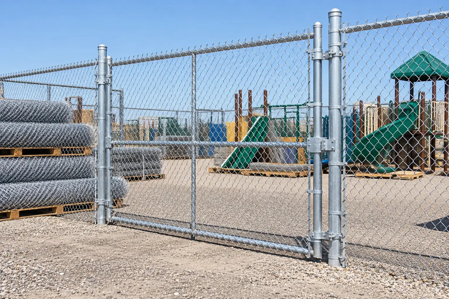 Galvanized chain-link fence and steel framework at a level receiving or boundary site