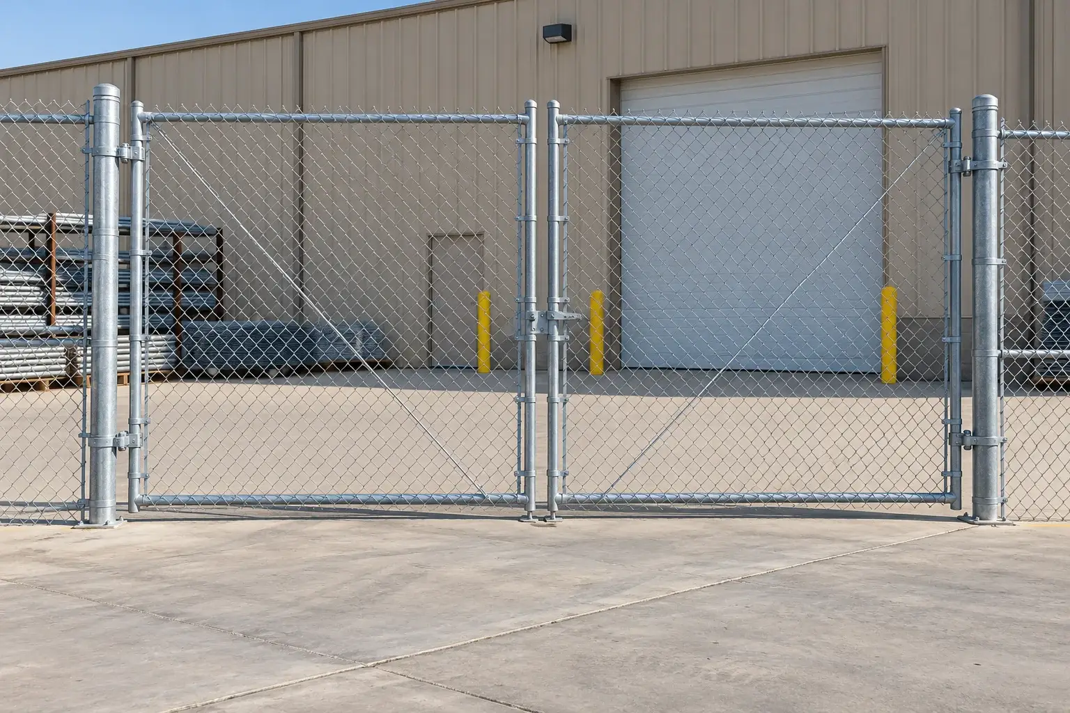 Galvanized chain-link fence and steel framework at a level receiving or boundary site