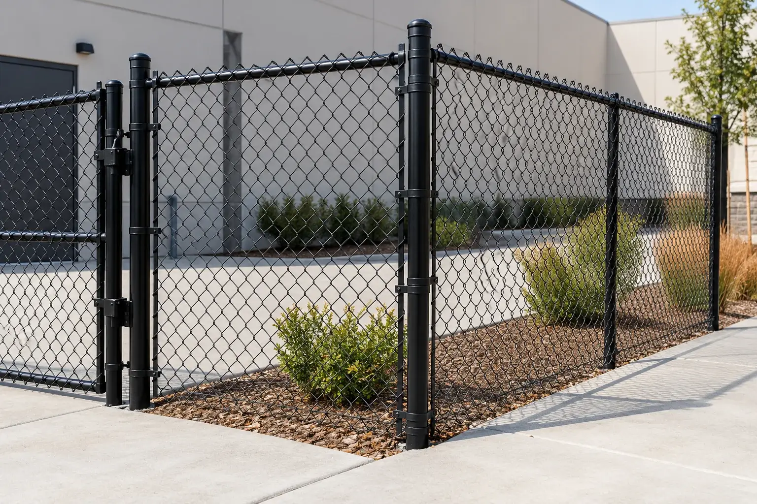 Black coated chain-link fence and gate with steel framework