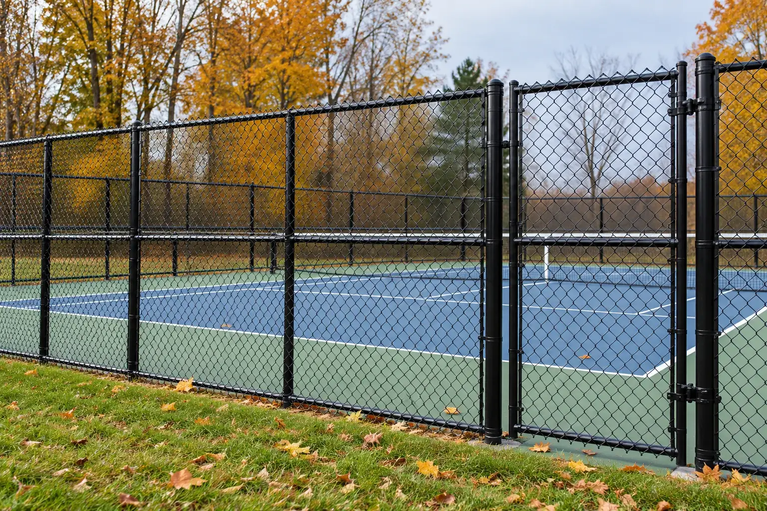 Black coated chain-link fence and gate with steel framework
